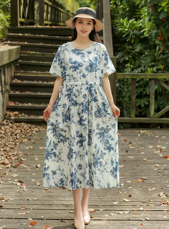 高品质竹节棉麻短袖洋气薄款系带收腰女士连衣裙妈妈款40-60岁