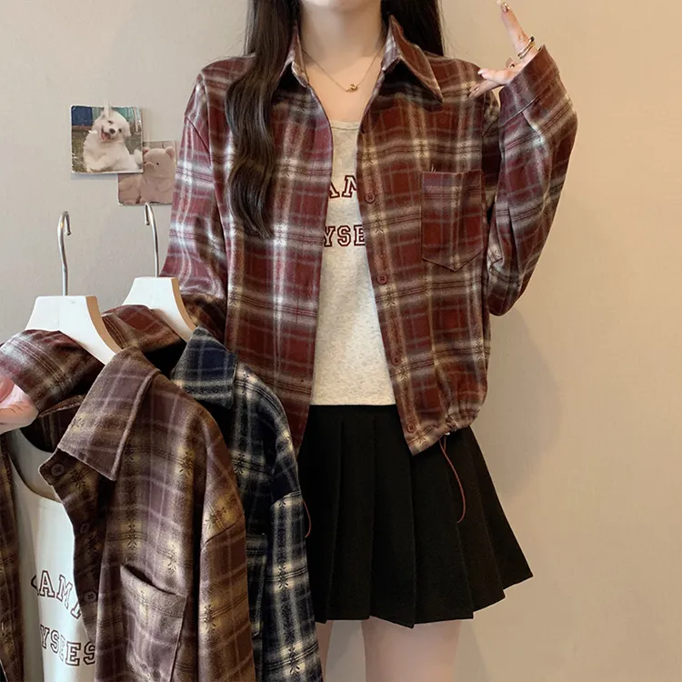 大码女装秋冬新款胖mm韩版宽松复古格子衬衫打底背心两件套装