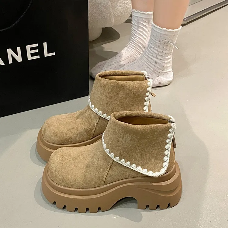 复古花边圆头绒面勃肯短筒靴女2025秋新款增高厚底马丁靴显瘦百搭