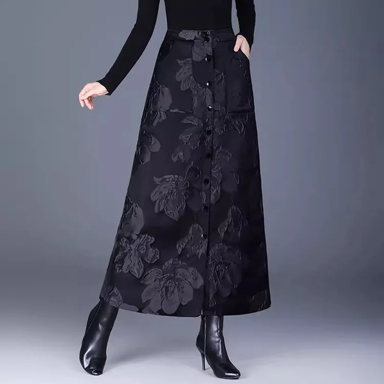 秋冬女裙国风提花A字半身裙防风保暖民族风裙一片式中长裙子