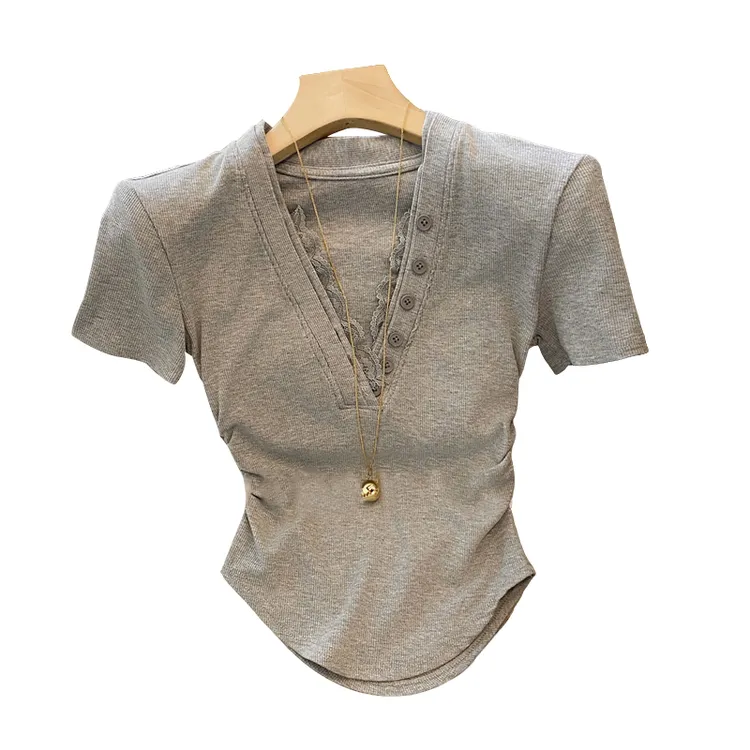 设计感法式复古蕾丝拼接V领短袖T恤2025夏季女装新款褶皱修身上衣