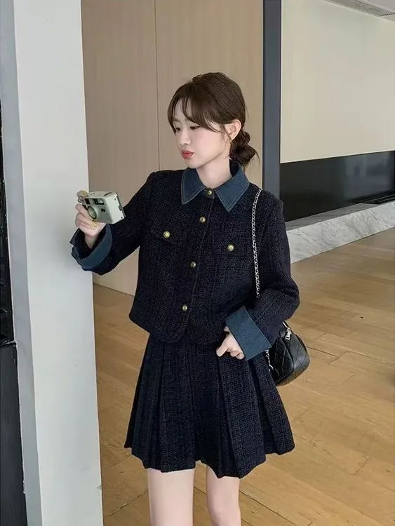 秋季法式复古小香风大码套装拼接假两件外套半身裙两件套865127