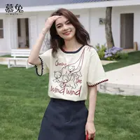 慕兔韩系小狗刺绣短袖t恤女2025夏季新款小个子宽松休闲圆领上衣