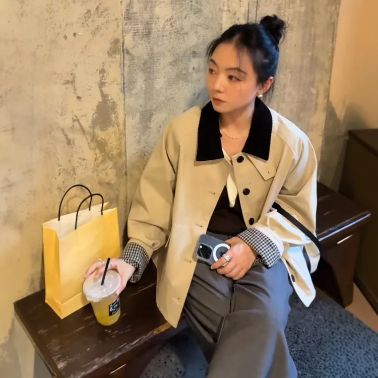 「正确版」秋季爆款巴恩风格子拼接风衣外套女新款时尚休闲显瘦上衣