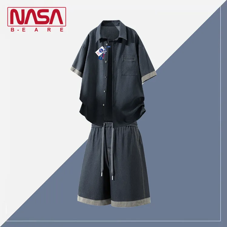 NASA联名格纹短袖衬衫短裤男士套装夏季韩系仿牛仔衬衣休闲一整套