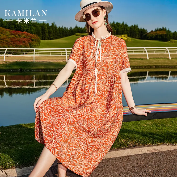 卡米兰真丝连衣裙女2024春夏新款宽松中长款荷叶领印花桑蚕丝裙子