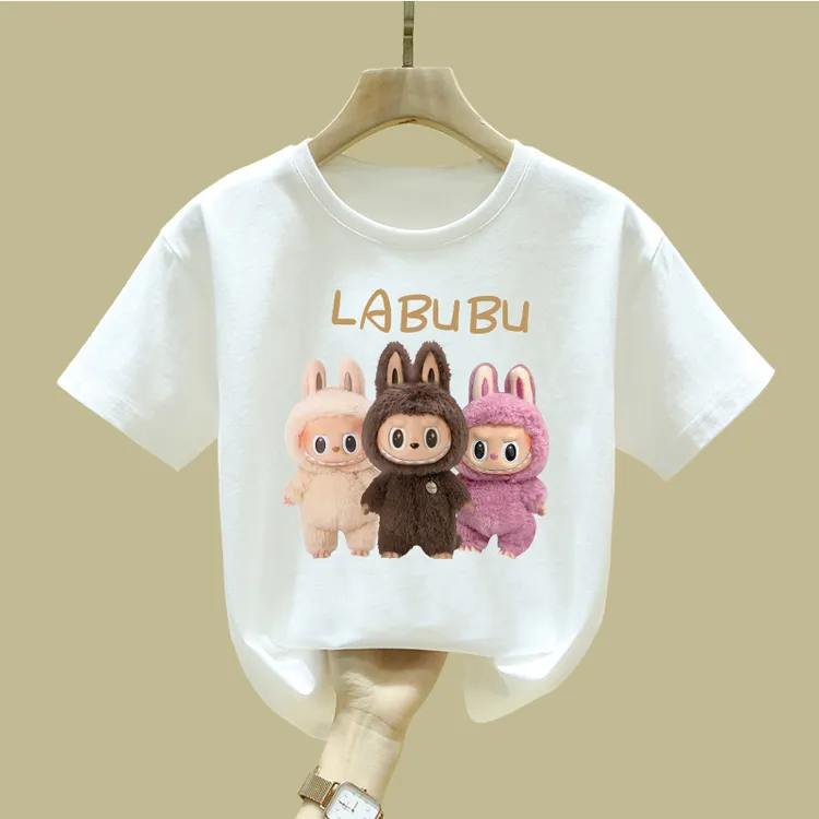 卡通拉布布女童短T袖插肩中小童拼色女孩服纯棉上衣