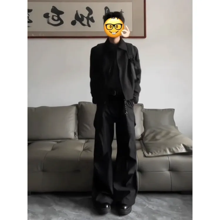 黑色微喇褶皱西裤垂感高级感设计感伞兵工装裤子男款春秋休闲长裤