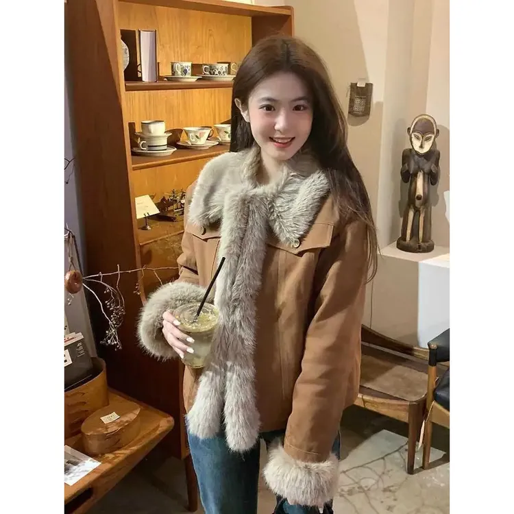 时尚网红秋冬拼接加绒加厚短款百搭毛领女士外套 美拉德穿搭棕色