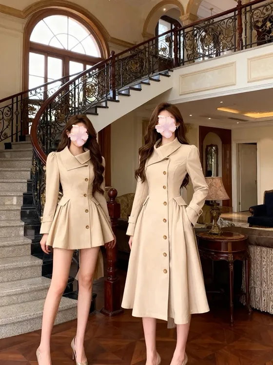 早秋季新款伦敦周末 高级感收腰大裙摆风衣中长款老钱风掐腰大衣