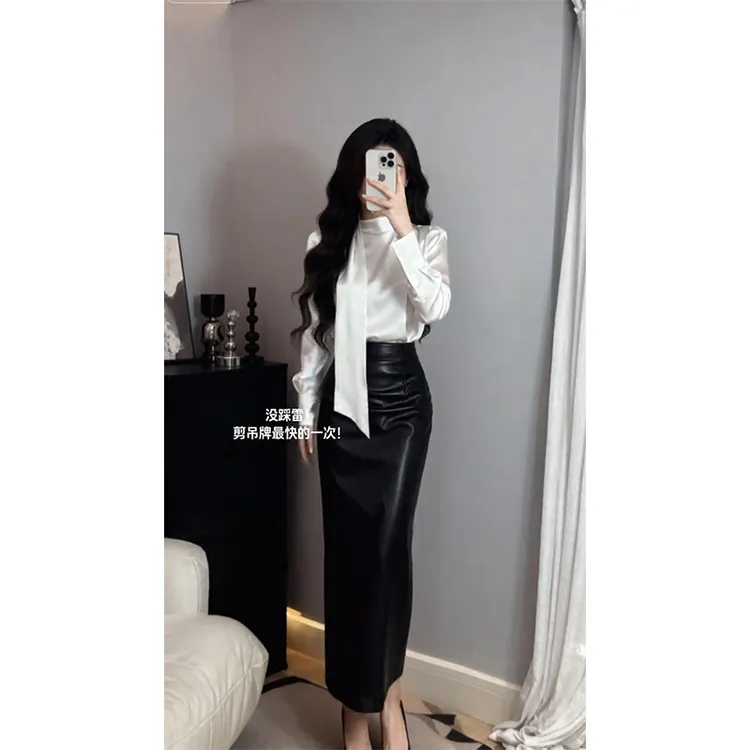 INS CEC秋冬新款法式高级感系带衬衫上衣后开叉皮裙半身裙套装