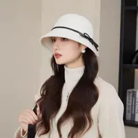 秋冬新款皮带装饰澳洲羊毛渔夫帽女时尚百搭简约显脸小盆帽女潮