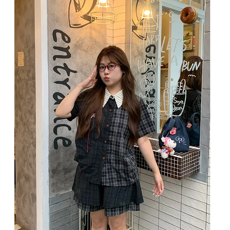 【小曹专属】大码夏季撞色拼接格纹衬衫显瘦半身裙两件套1950#