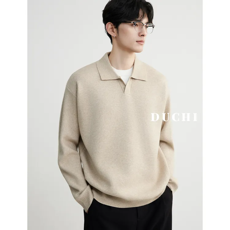 独驰高级感V领套头毛衣男2025秋冬季新款翻领宽松休闲打底针织衫