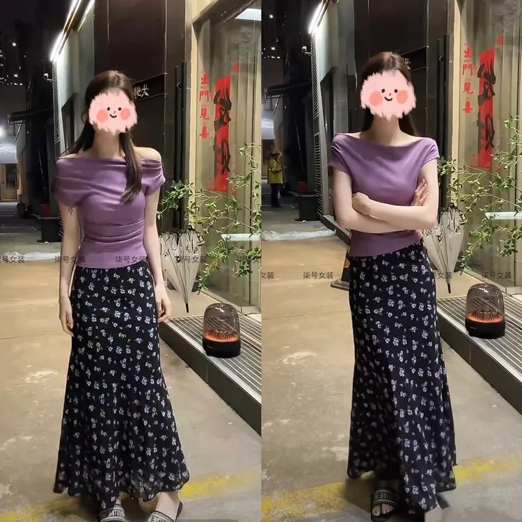 夏季穿搭一整套时尚修身显瘦褶皱一字肩短袖上衣高腰碎花半身裙女