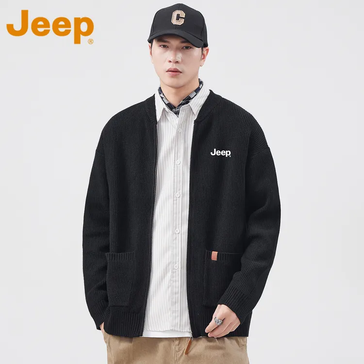 JEEP吉普棒球领开衫毛衣男款秋季美式潮牌宽松休闲黑色针织衫外套