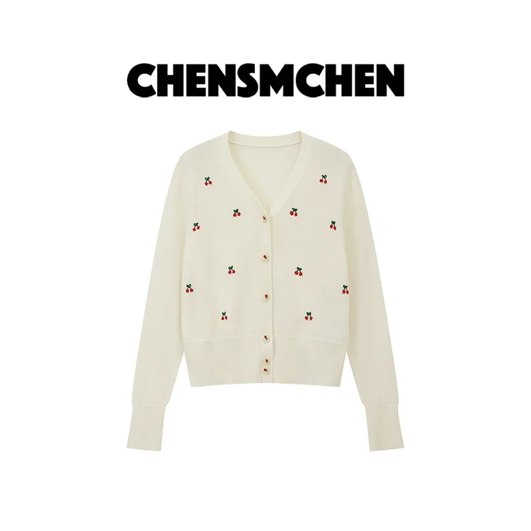 CHENSMCHEN 100羊毛V领长袖针织衫女精致百搭显瘦开衫CSZ7196SL