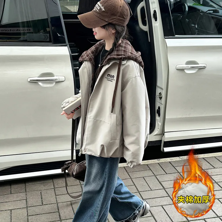 女童夹棉冲锋衣2026新款秋冬季儿童格子连帽假两件初中生加厚外套