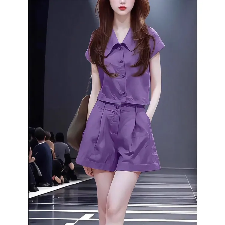 紫色时尚休闲套装女夏季2025新款翻领薄款短袖衬衫短裤减龄两件套