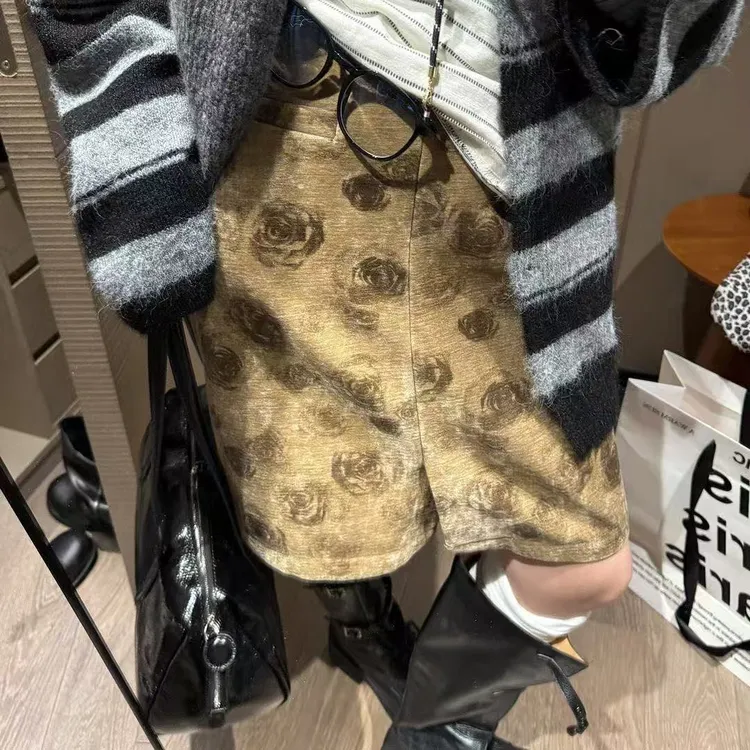 法式复古丝绒印花开叉半身裙女2025秋冬季新款气质加绒直筒中裙