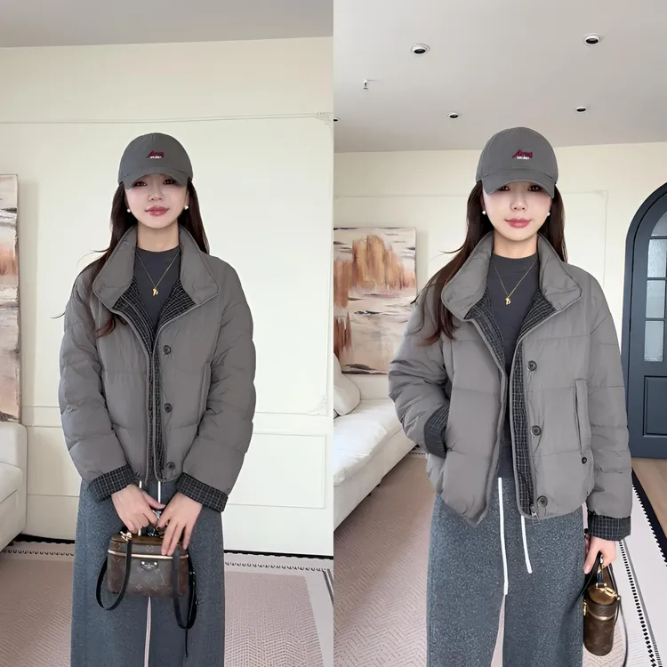 【余欢欢】冬季休闲简约百搭保暖格子拼接短款羽绒服-YHW50961