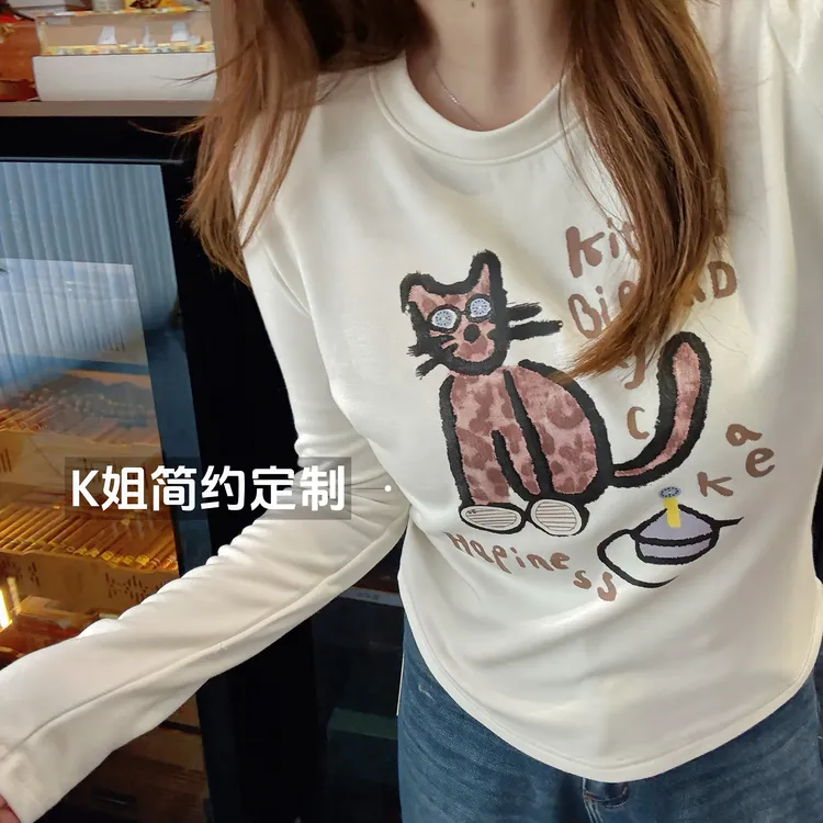 "KK定制"秋冬涂鸦猫咪印花加绒打底衫宽松圆领长袖正肩T恤D2270
