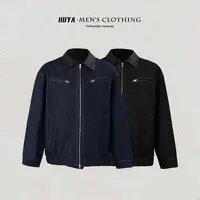 虎牙兄弟秋季美式复古水洗做旧牛仔夹克休闲翻领皮衣外套男H25019