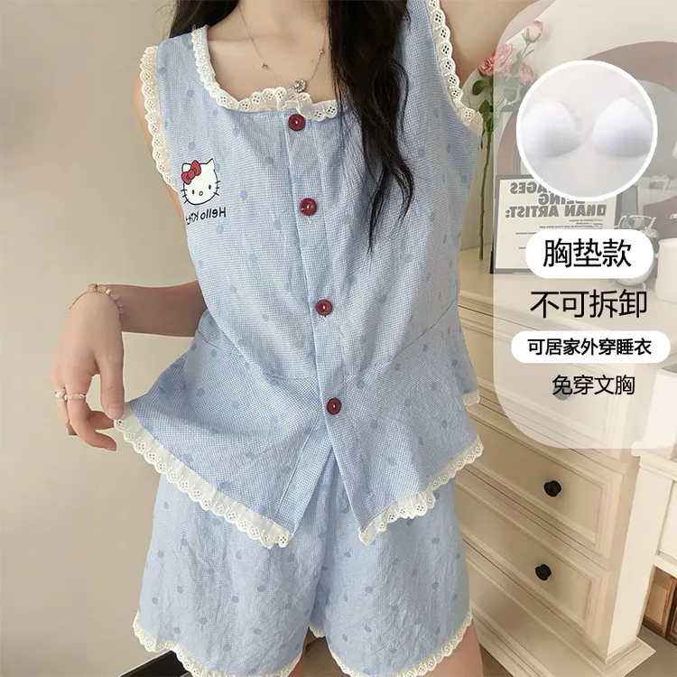 带胸垫睡衣女夏季薄款背心性感女士甜美卡通KT猫两件套家居服131