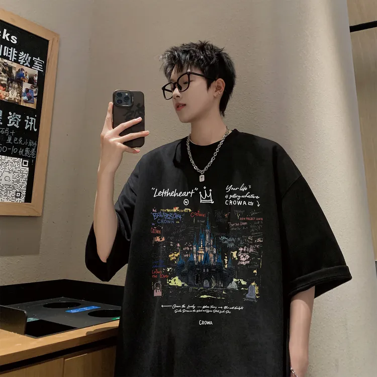 短袖t恤男夏季青少年潮牌抗皱仿麂皮绒体恤美式休闲圆领半袖上衣