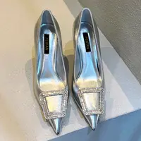 【现货】银色高跟鞋2025春秋新款细跟水钻气质百搭女士尖头单鞋5619