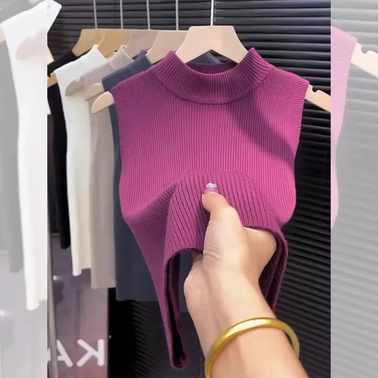 半高领内搭针织毛衣打底衫女夏季2025新款高级感背心短款无袖上衣