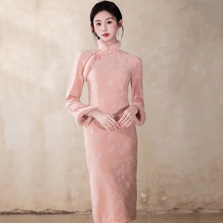 粉色加绒加厚冬装国风中式长袖改良旗袍2025新款年轻款女复古冬季
