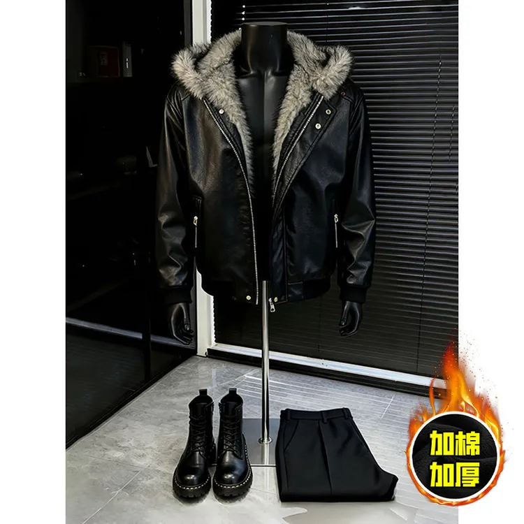 美式黑色连帽座山雕皮夹克外套棉服男冬季加绒加厚痞帅毛领棉衣潮