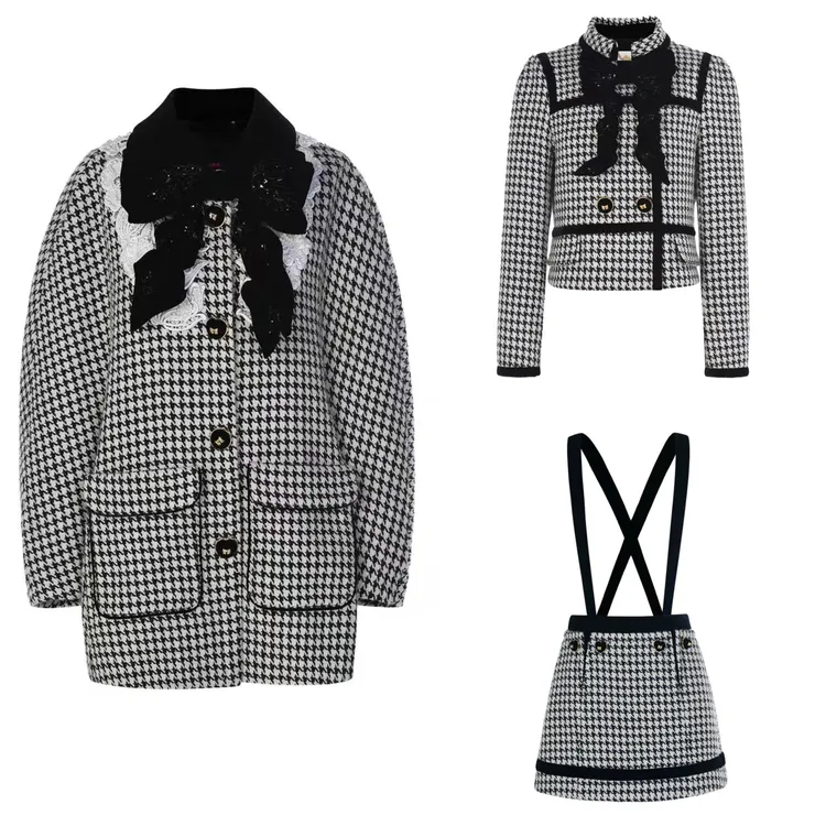 千鸟格蝴蝶结重工订珠刺绣大衣外套背带裙