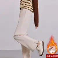 醋酸羊毛冬季阔腿裤保暖人字纹休闲裤毛呢加绒长裤窄版开叉松紧腰