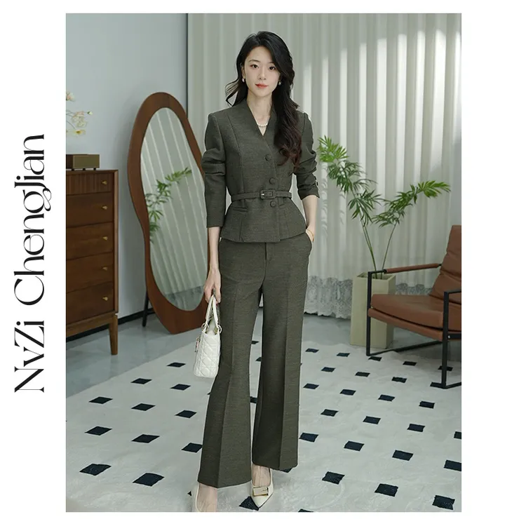 女子成鉴 林间苔玉_棕绿色质感西装外套半身裙职业装女S-25CPS741
