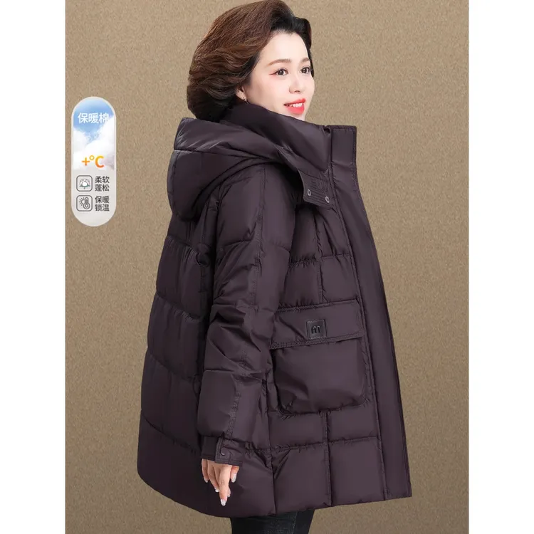 妈妈冬装外套羽绒棉服中长款2025新款中老年女装秋冬连帽加厚棉衣