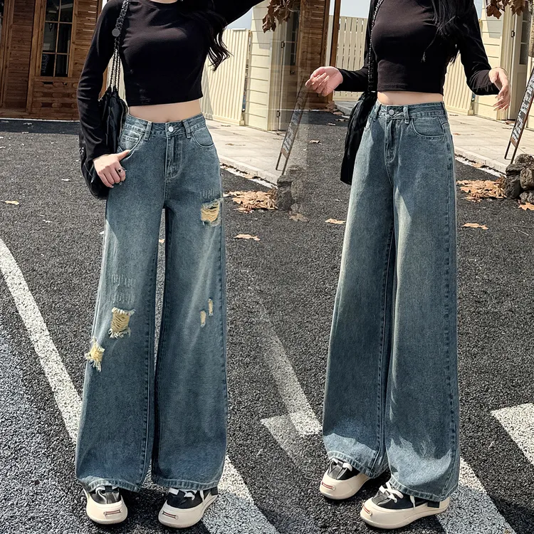 小个子秋季复古蓝破洞阔腿牛仔裤拖地裤宽松慵懒显瘦高腰直筒女