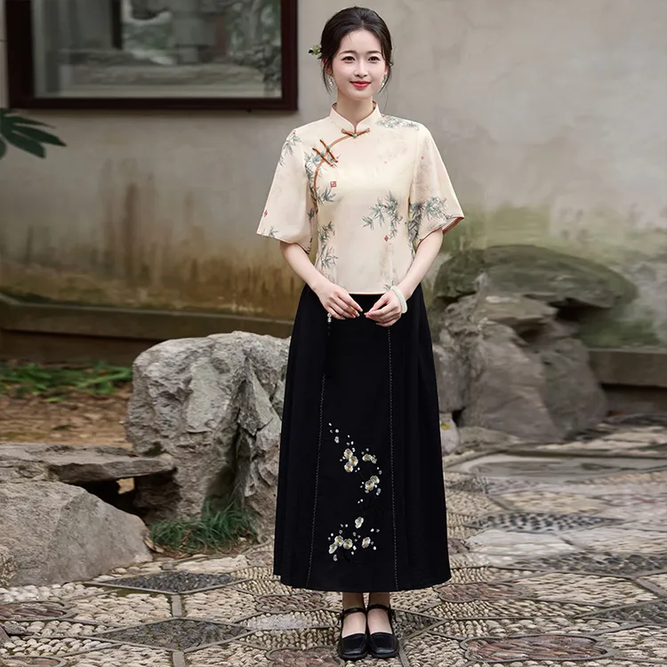 改良旗袍套装七分袖中国风竹叶印花2025年夏季新款中年妈妈连衣裙