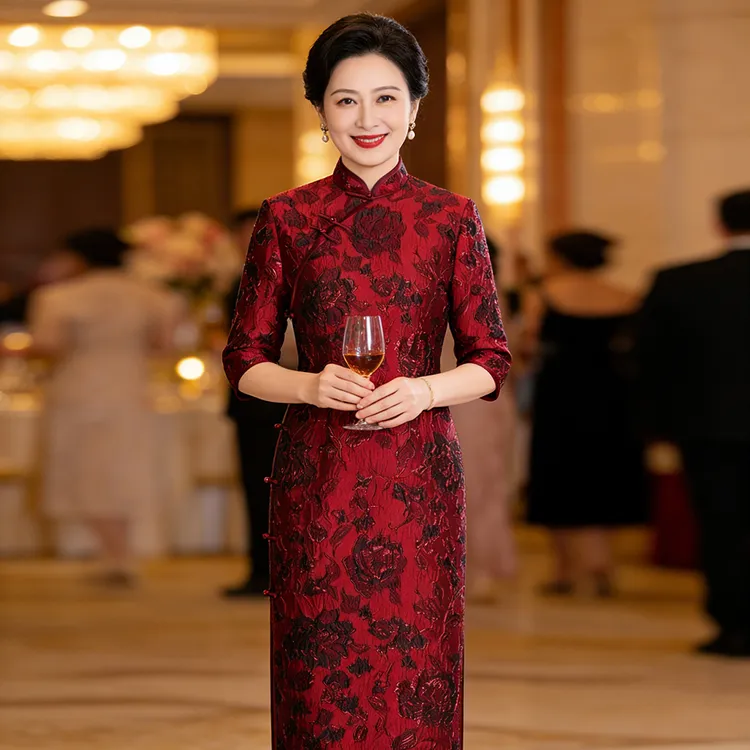 喜婆婆礼服旗袍秋季2025年新款复古中国风暗红色连衣裙268036