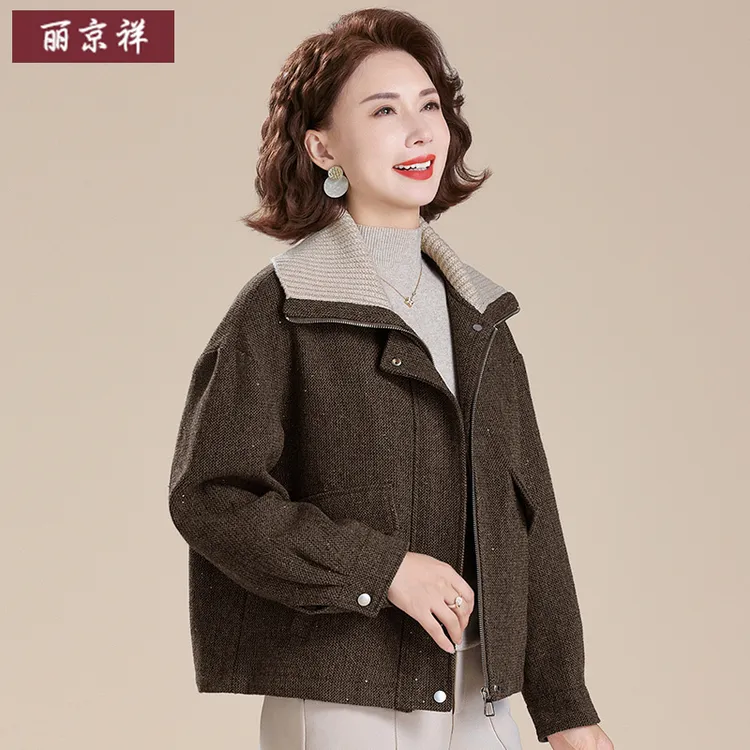 妈妈秋装毛呢外套短款小个子2025新款中老年女士春秋时尚洋气上衣