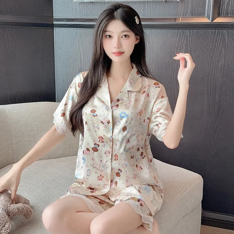 冰丝睡衣女2025夏季高级感轻奢风碎花小狗蕾丝花边短袖家居服