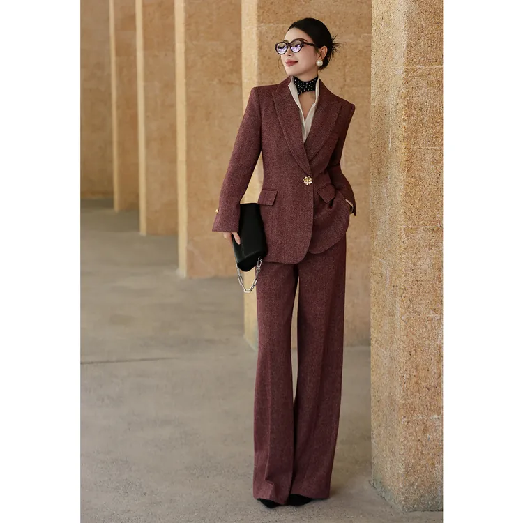 2025欧美风秋冬法式修身羊毛西装阔腿裤套装高级气质感两件套女装
