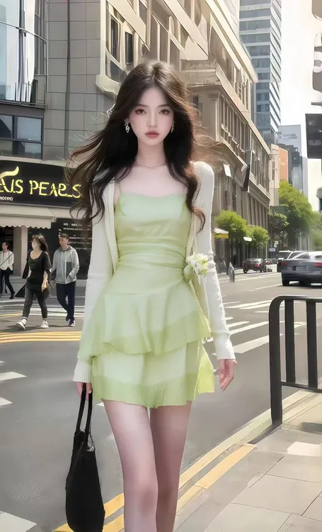 少女感甜美风绿色一字肩吊带修身收腰连衣裙+杏色百搭开衫两件套