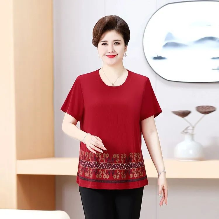 中老年妈妈短袖女装 加大码夏季圆领时尚妈妈装弹力透气遮肉百搭