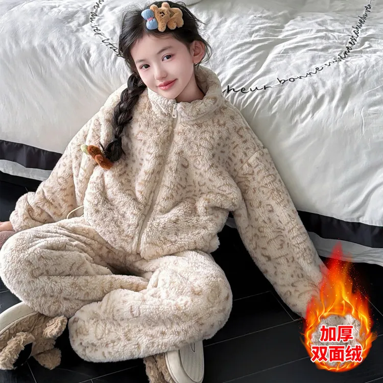 女童加厚家居服冬季2025新款女大童双面绒保暖套装儿童法兰绒睡衣