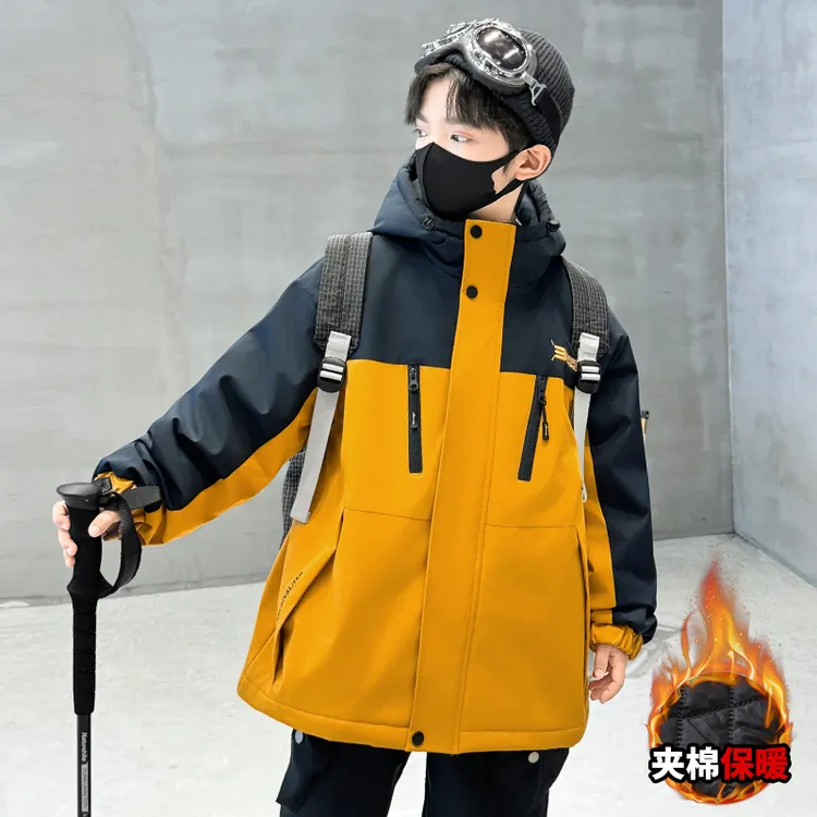 男童夹棉冲锋衣加厚防水5-14岁男孩中大童秋冬季连帽工装夹棉外套