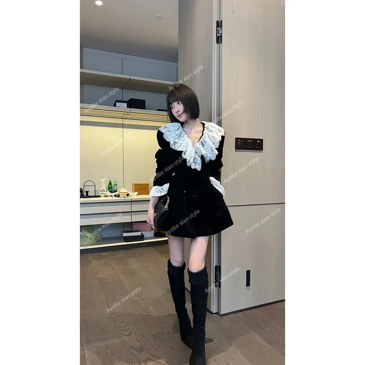 【AYOBE】小贤 90白鸭绒千金名媛蕾丝黑丝绒外套赫本风高级秋冬保暖