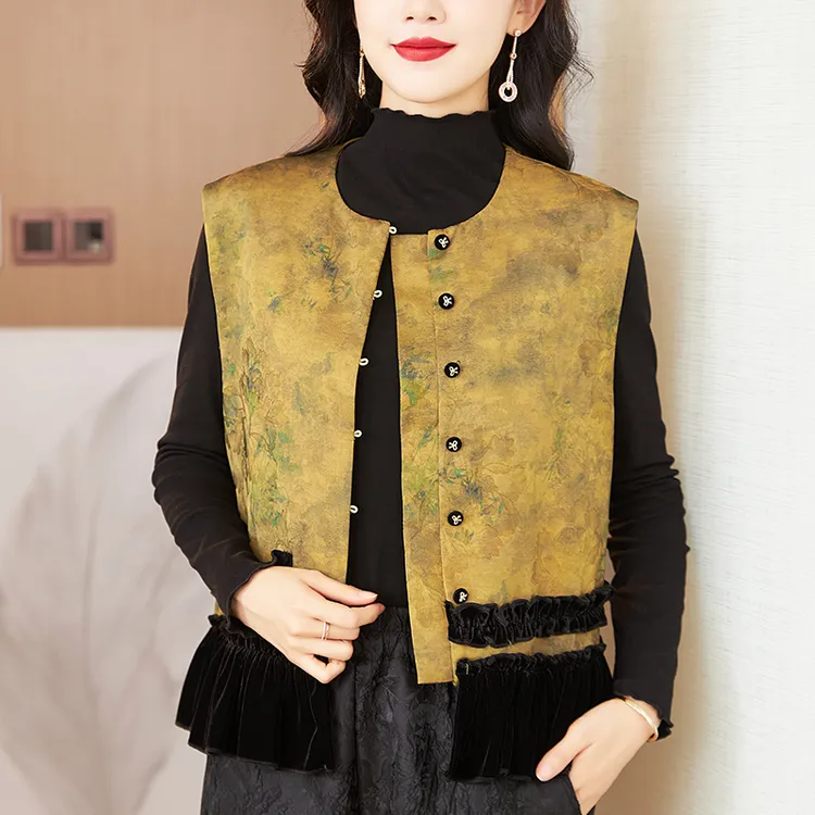 新中式国风马夹女2025年秋款立领缎面提花坎肩马甲无袖外套