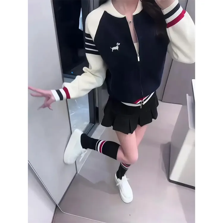 2025新款女士早秋季小狗刺绣学院风拼色拉链针织开衫外套半身裙